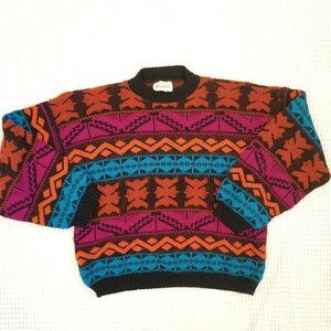 Vintage 80s Aztec‎ Tribal Sweater Balloon Sleeve Medium Chunky Vibrant Hip Hop